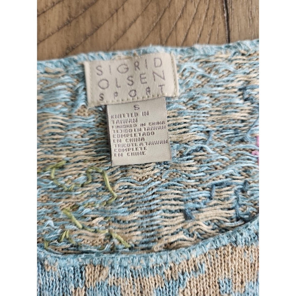 VTG Sigrid Olsen Top S Pink Blue Knitted Floral Linen Cotton Coastal Cottage - Picture 2 of 16